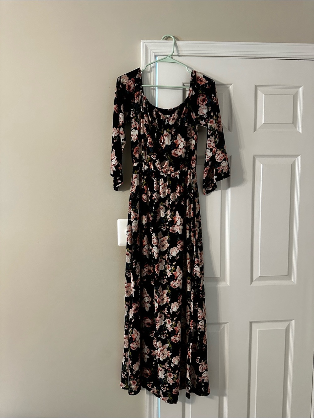 Altar'd State Black Floral Maxi Dress with Pink and Cream Blooms